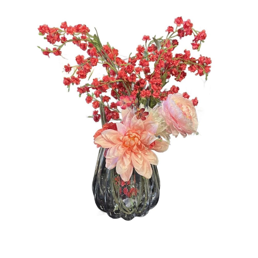 Elegant Large Clear Glass Ribbed Vase - Home Accents (8”H - 7” W) W/Faux Flowers